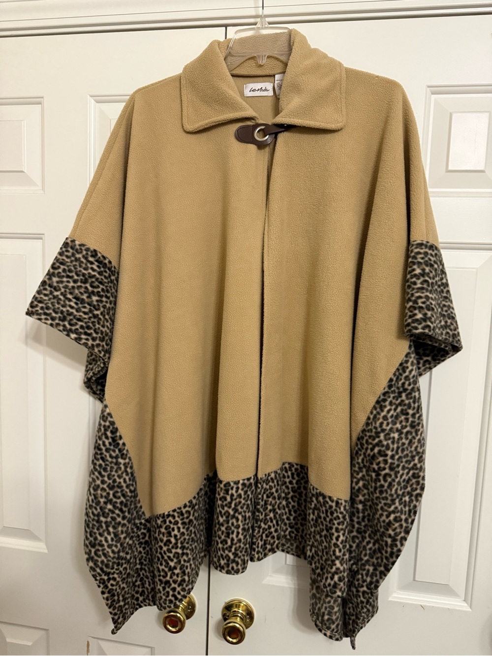 Moda Tan Poncho with Leopard-Print Trim